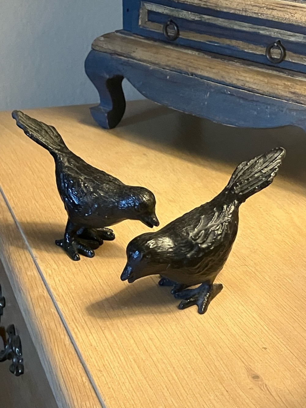 2 Cast Iron Black Birds Figurines